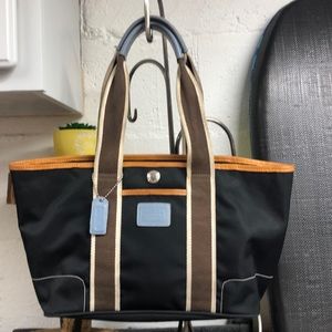 Coach Hampton Black Nylon Mini Tote Woth Canvas Stripes Leather
